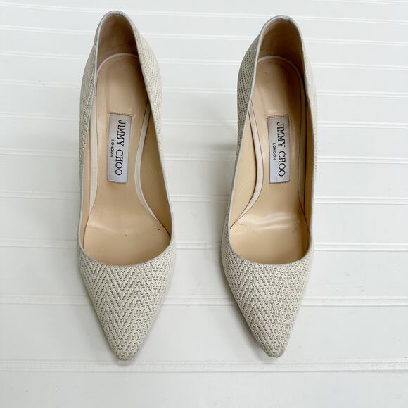 Jimmy Choo Romy 100 Embossed Leather Pumps Latte Cream Off White Heels 37 - Picture 2 of 10